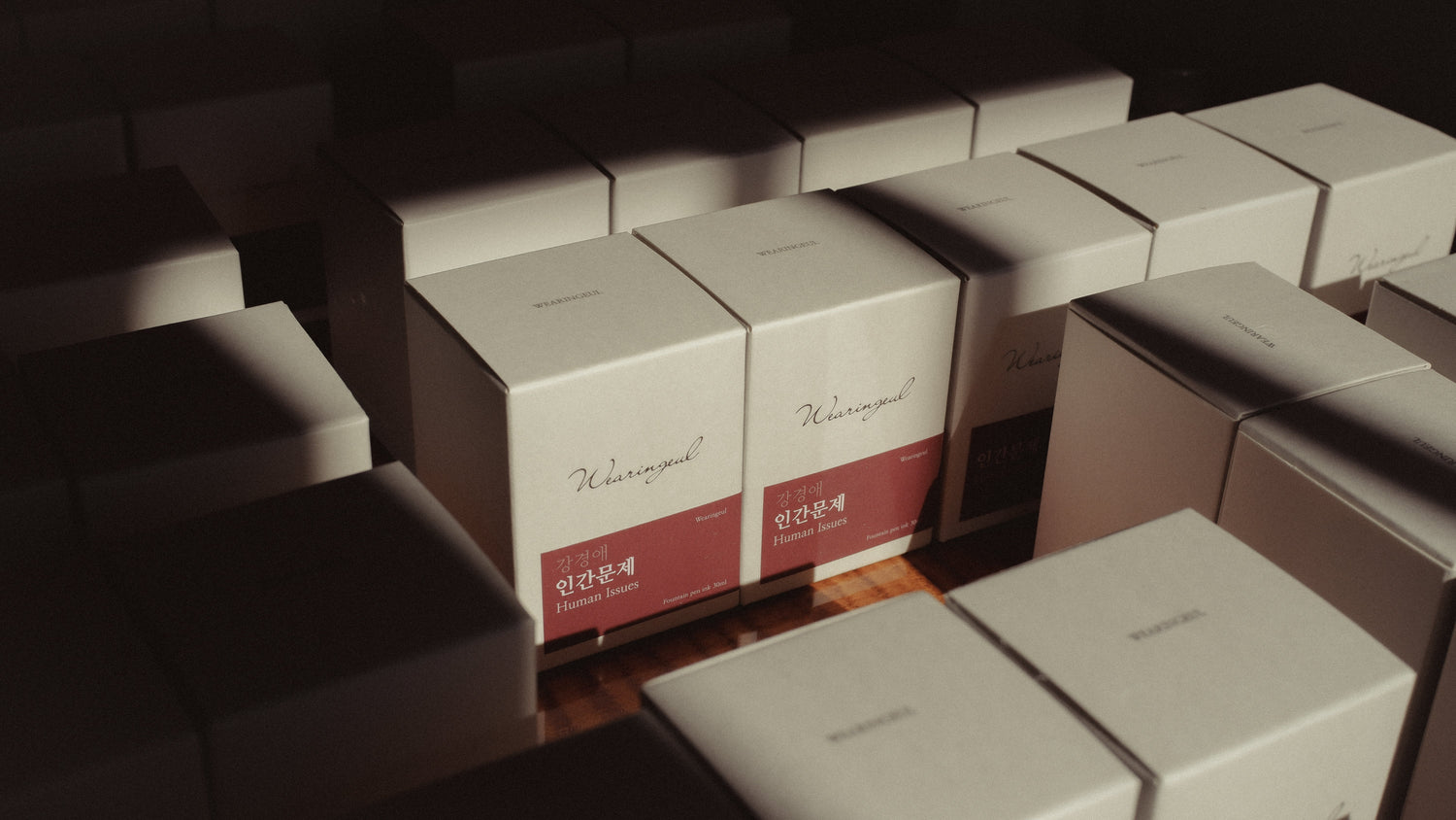 fountain pen ink bottles arranged on vintage desk