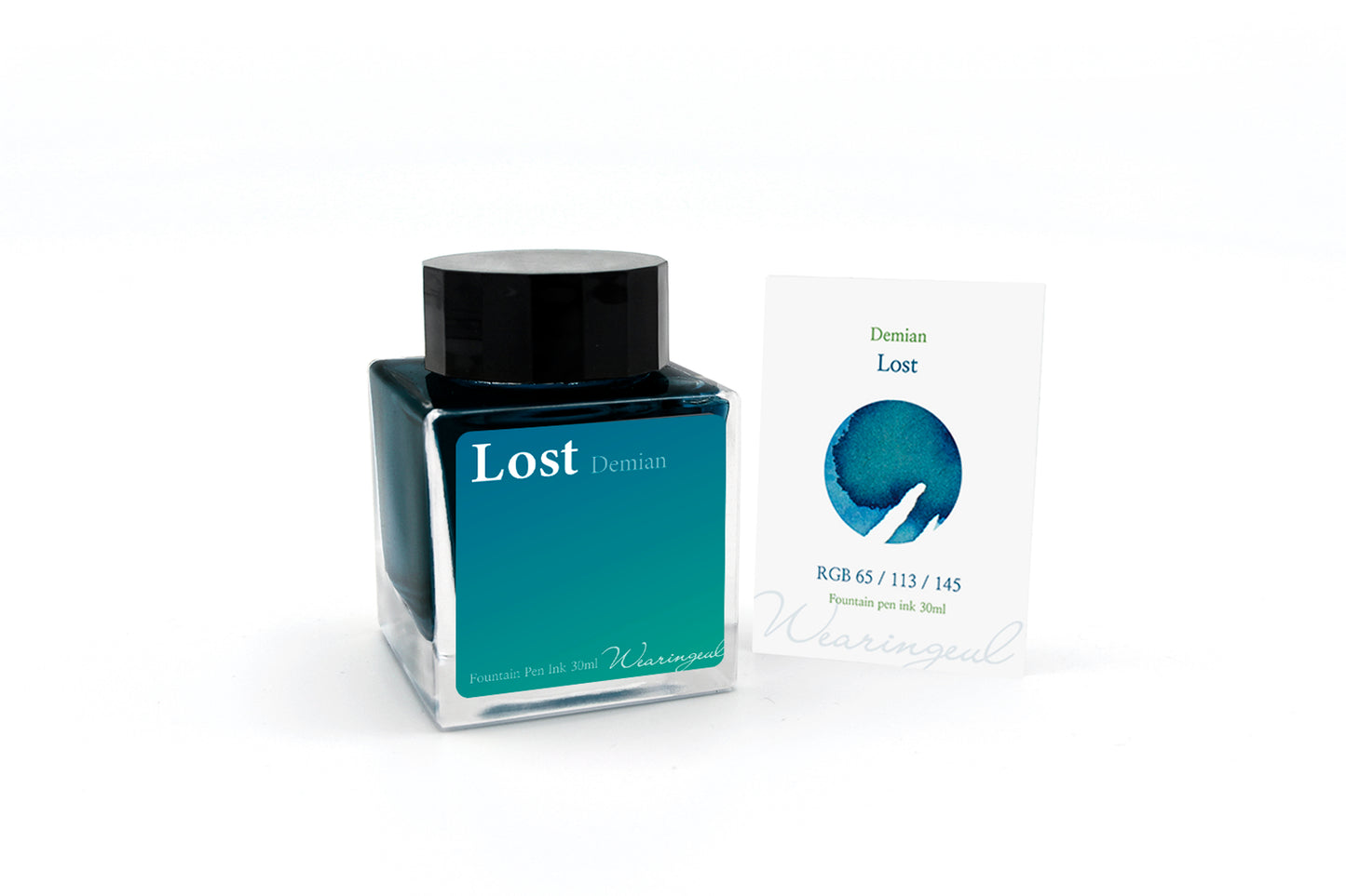 Blue ink bottle labeled 'Lost' with a matching packaging box on a white background