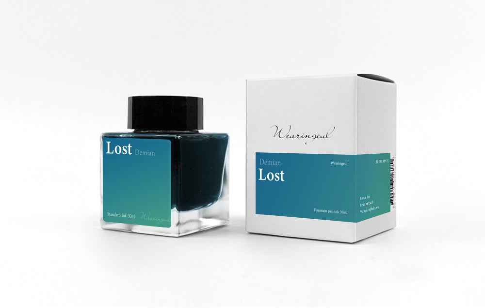 Ink bottle and packaging labeled 'Lost' on a white background