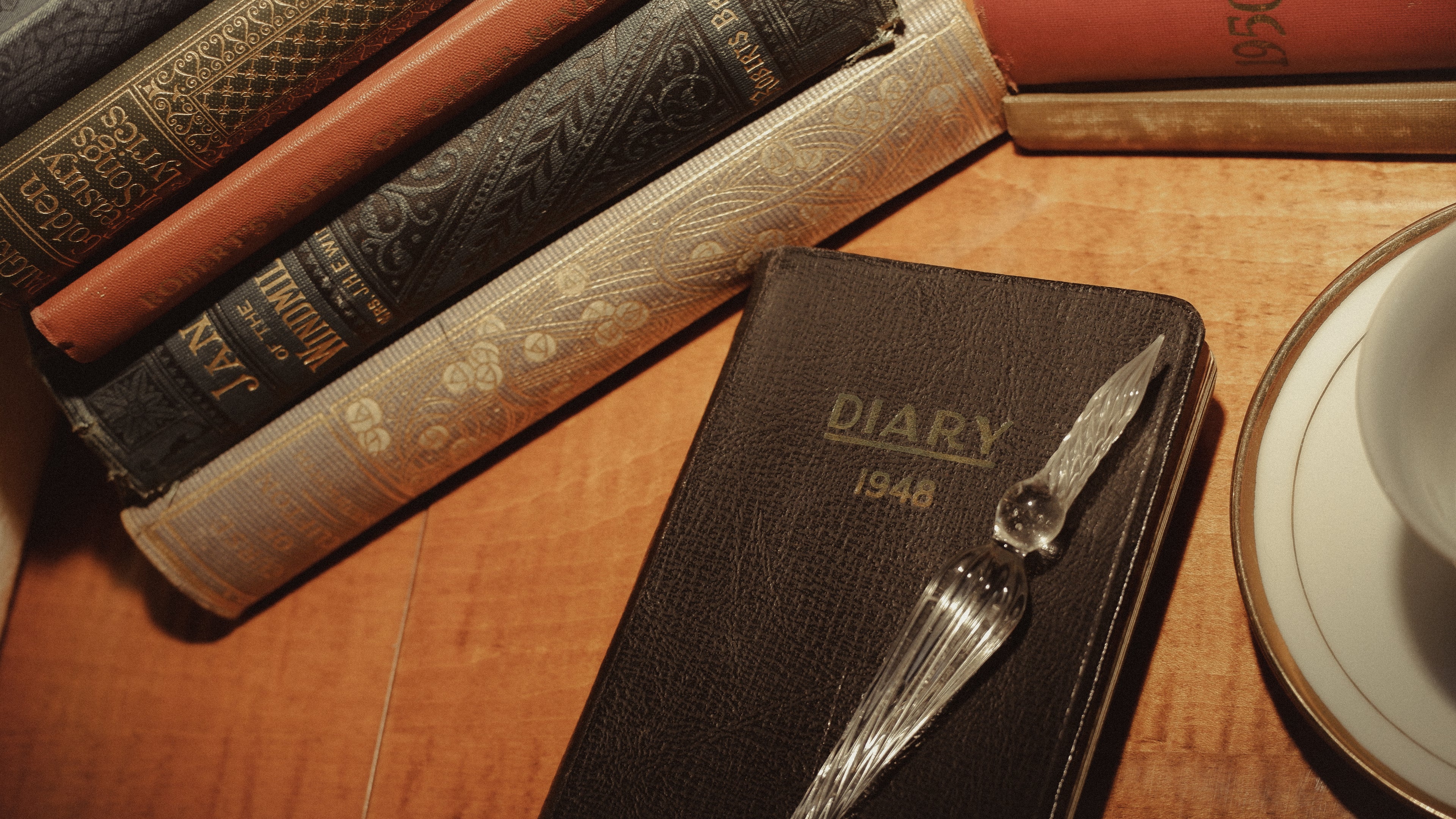 vintage books and fountain pen with glass dip pen